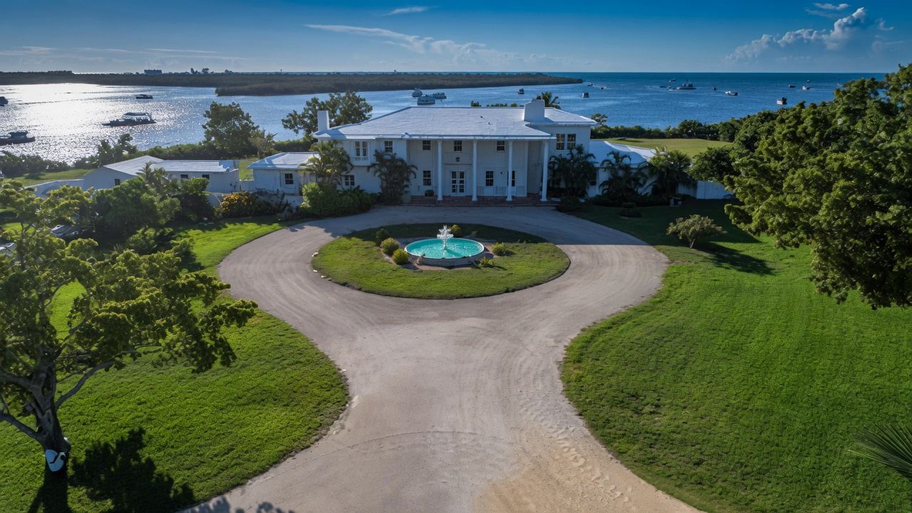 Aerial view of Thompson Island private estate with circular driveway and fountain in Key West
